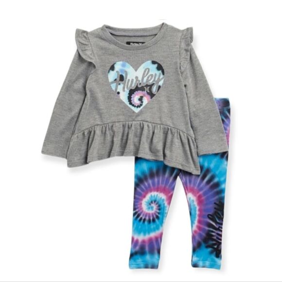 NWT Hurley Ruffled Long Sleeve T-Shirt & Tie-Dye Leggings Set - Picture 1 of 4